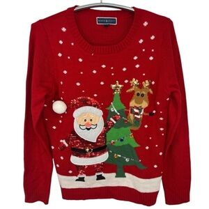 Karen Scott Women’s Red Holiday Crewneck Sweater with Santa and Reindeer Size L
